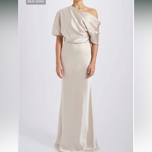 The Slouch Dress Amsale - Champagne one shoulder draped maxi dress formal